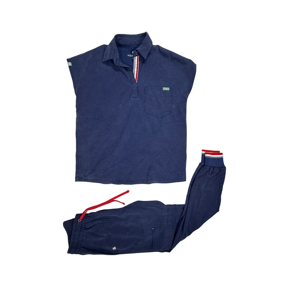 Mediclo Scrubs Womens XXS Navy Blue Tencel Blend Polo Top and Jogger Set